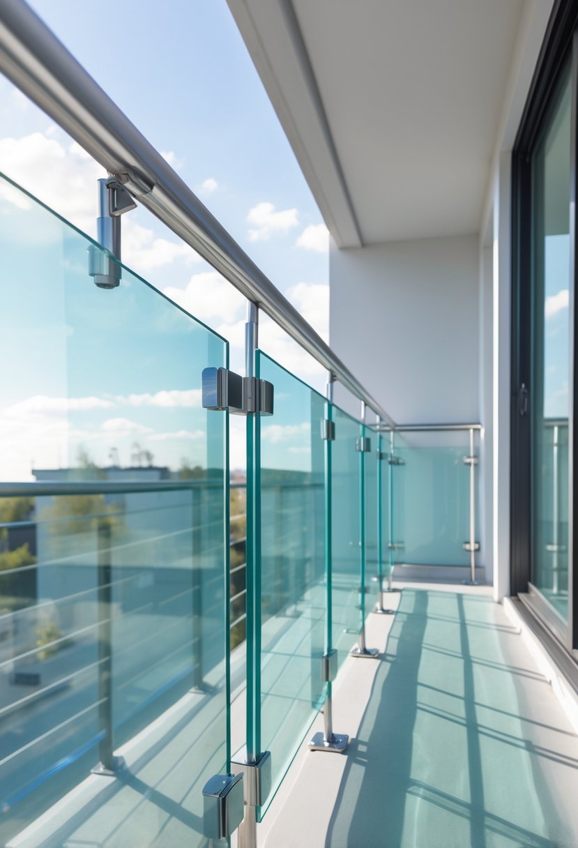A balcony with fourteen clear tempered glass panels arranged in a frameless railing design overlooking an outdoor scene.