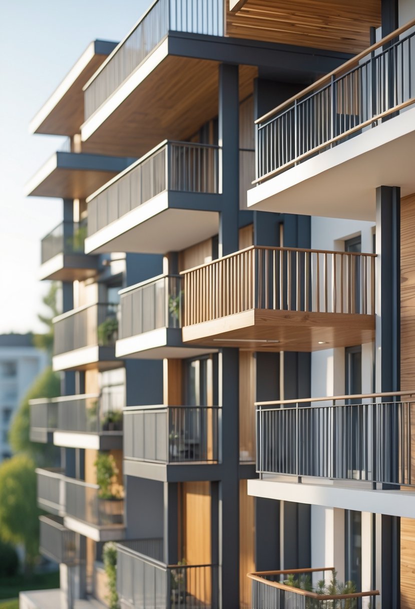 Fourteen balcony railings made of metal and wood displayed outdoors with natural lighting.