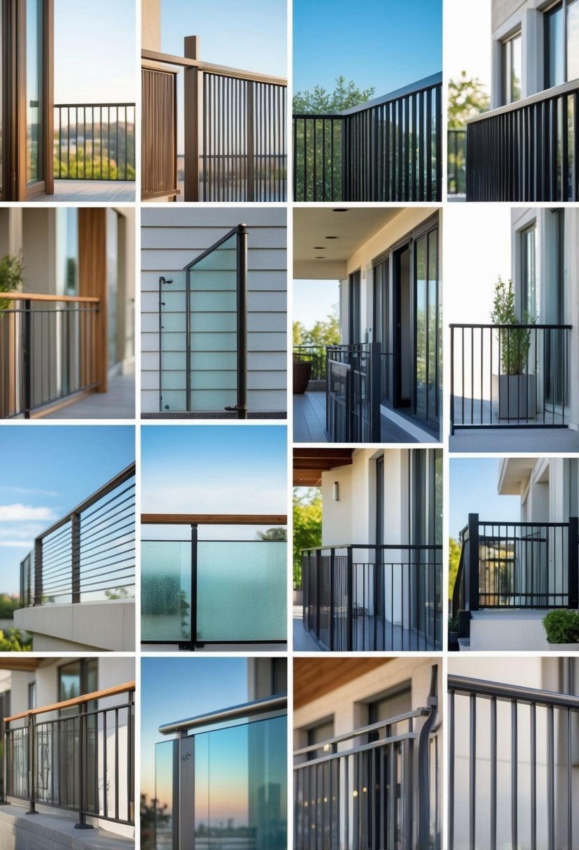 Fourteen different balcony railings made from various materials displayed outdoors.