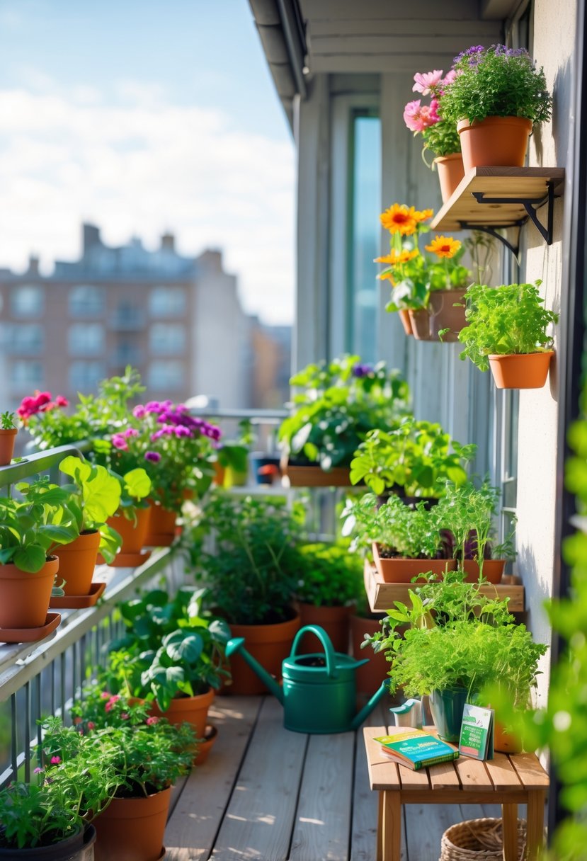 A balcony filled with various potted plants, gardening tools, and a small wooden table, creating a green mini garden in an urban setting.
