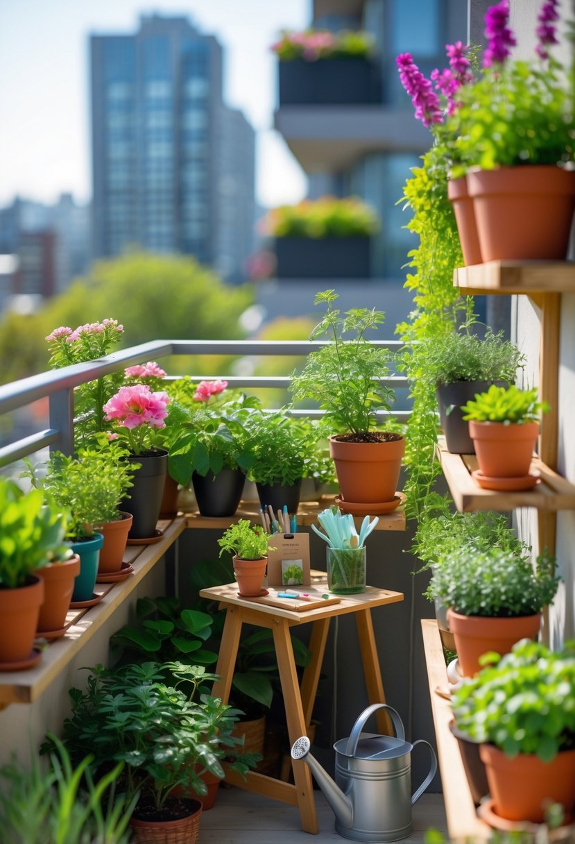 A small balcony filled with various potted plants, gardening tools on a wooden table, and sunlight shining on the greenery.