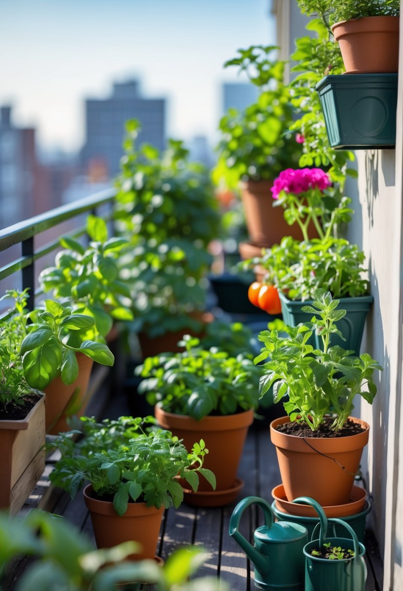 A balcony filled with various potted plants including herbs, flowers, and vegetables, with gardening tools and a city view in the background.
