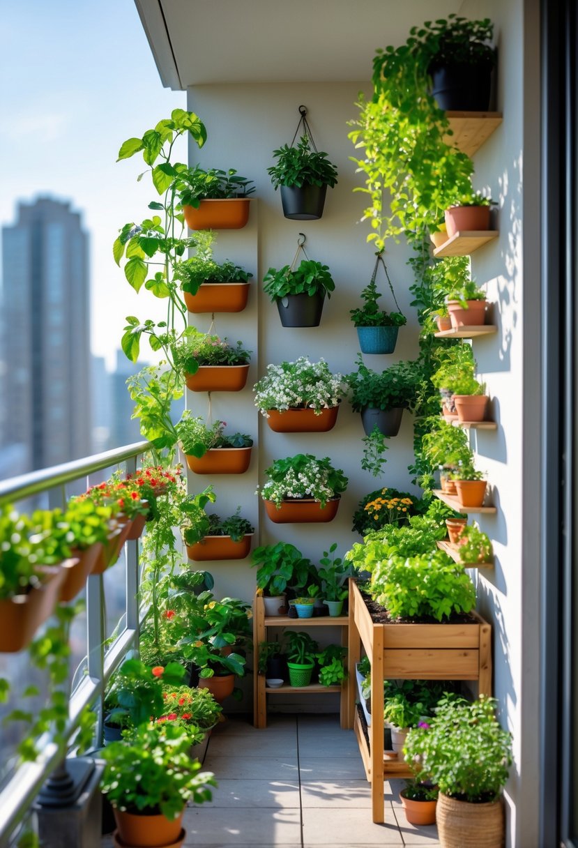 A small balcony filled with various plants arranged vertically and in hanging pots, creating a compact and lush mini garden.