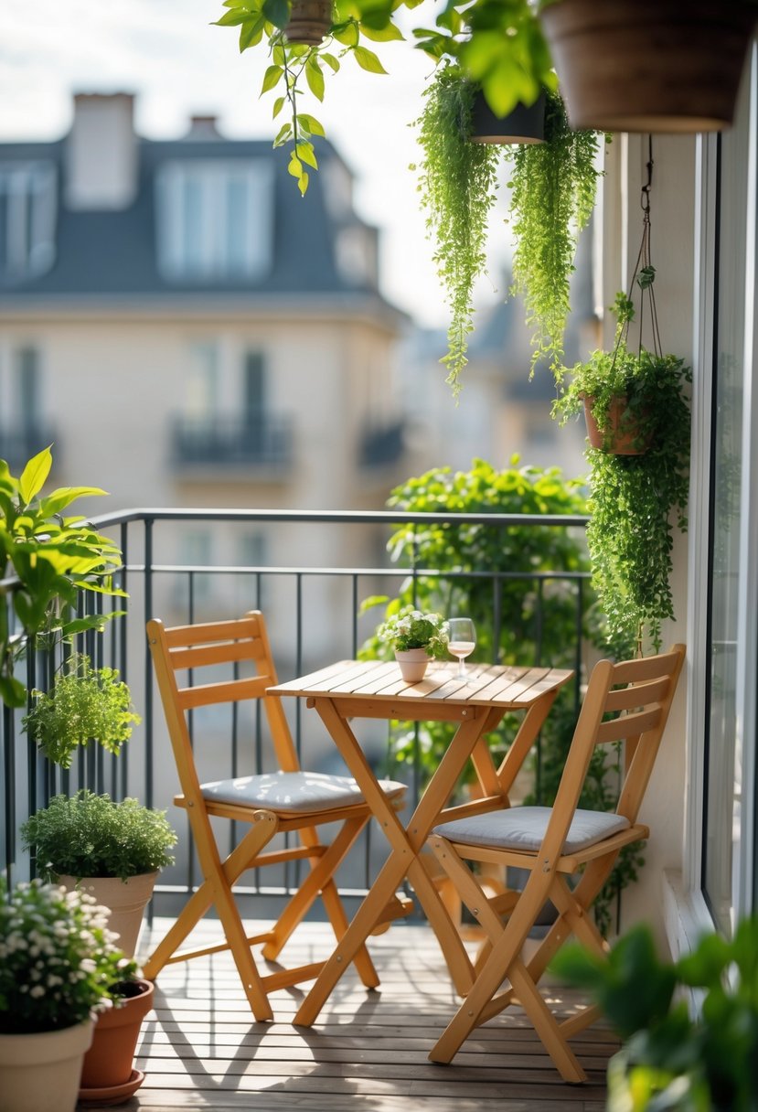 Small balcony with a compact wooden table and two chairs surrounded by potted plants and greenery.