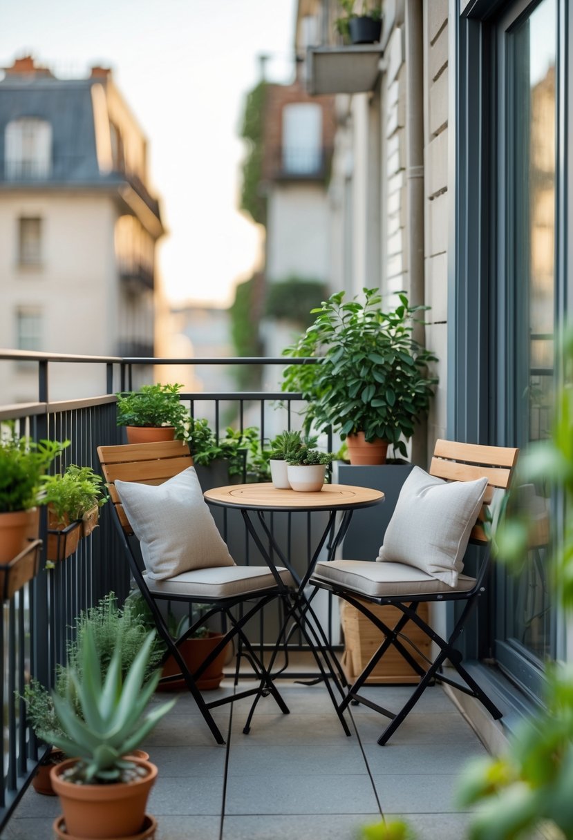 A small balcony with a compact table, two chairs, and potted plants arranged to maximize space.