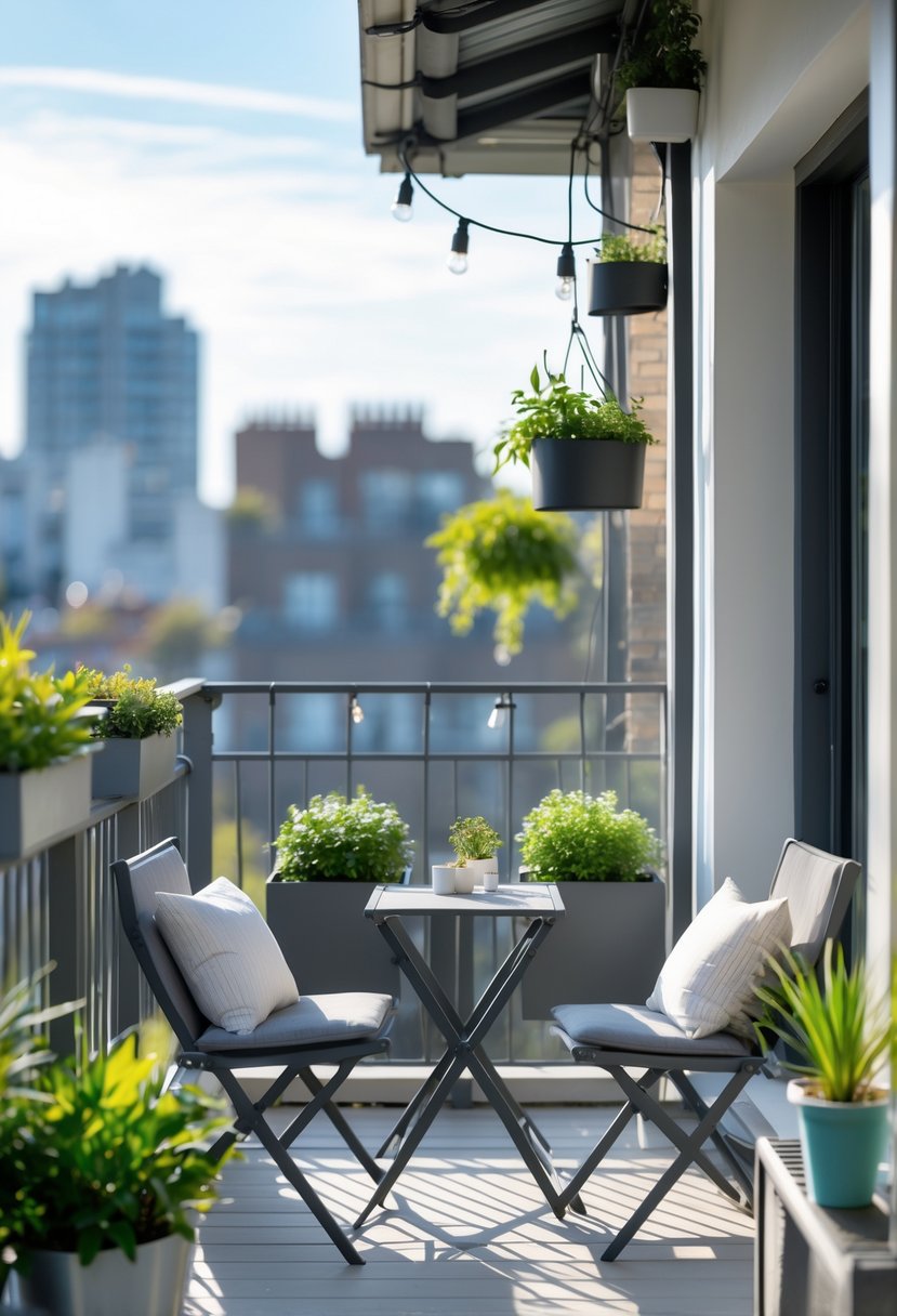 Small balcony with compact table, two chairs, plants, and city view in daylight.