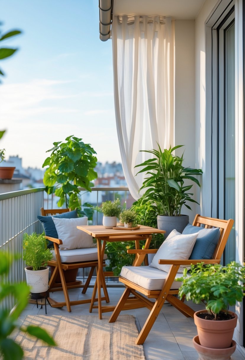 A small balcony with a compact wooden table and two chairs, potted plants, and a small rug, bathed in natural light.