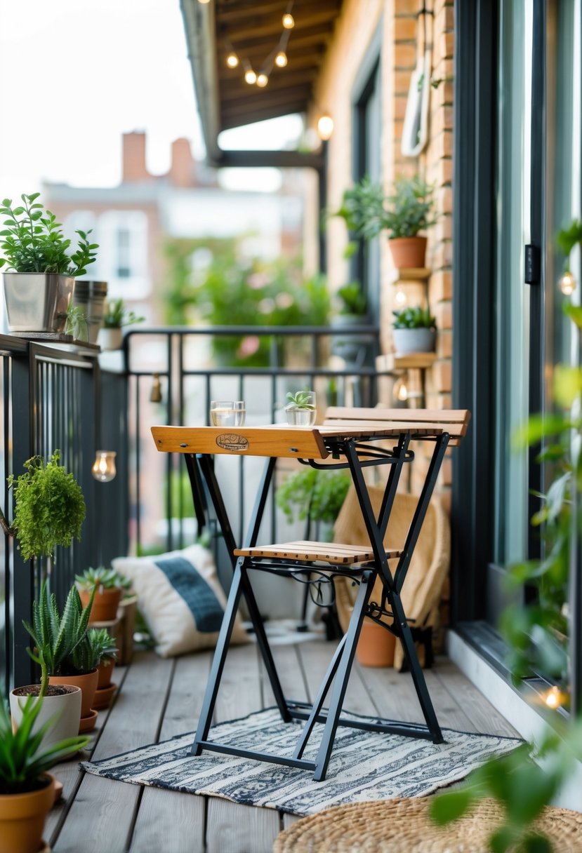 10 DIY Balcony Decor Projects for Renters That Transform Small Spaces Effortlessly 5 A portable folding bistro table on a small balcony decorated with plants, string lights, and cushions.