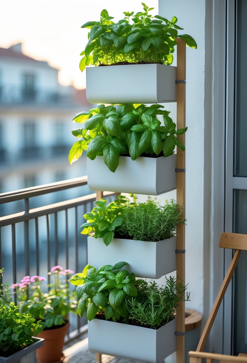 10 DIY Balcony Decor Projects for Renters That Transform Small Spaces Effortlessly 7 A vertical herb garden with various green herbs growing on a balcony with a railing and city buildings in the background.