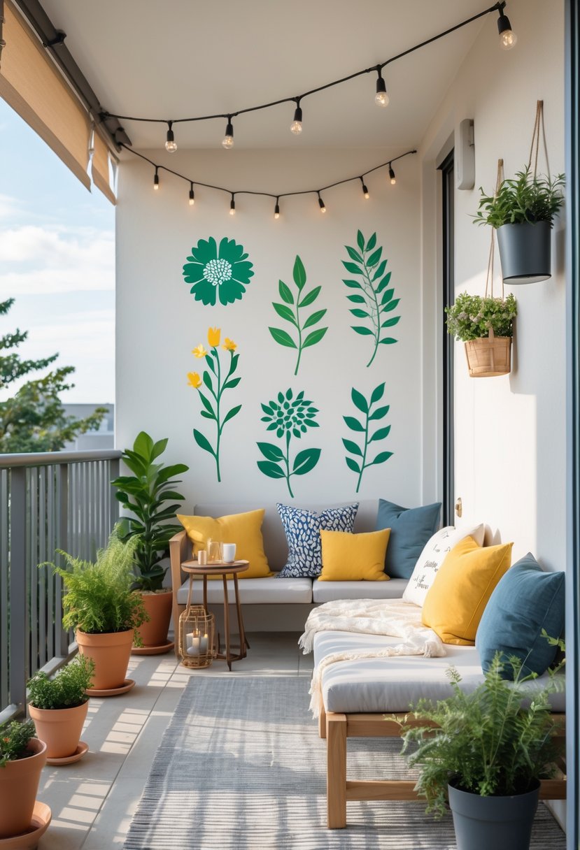 10 DIY Balcony Decor Projects for Renters That Transform Small Spaces Effortlessly 8 Outdoor balcony with removable wall decals, potted plants, seating, and decorative elements creating a cozy and personalized space.