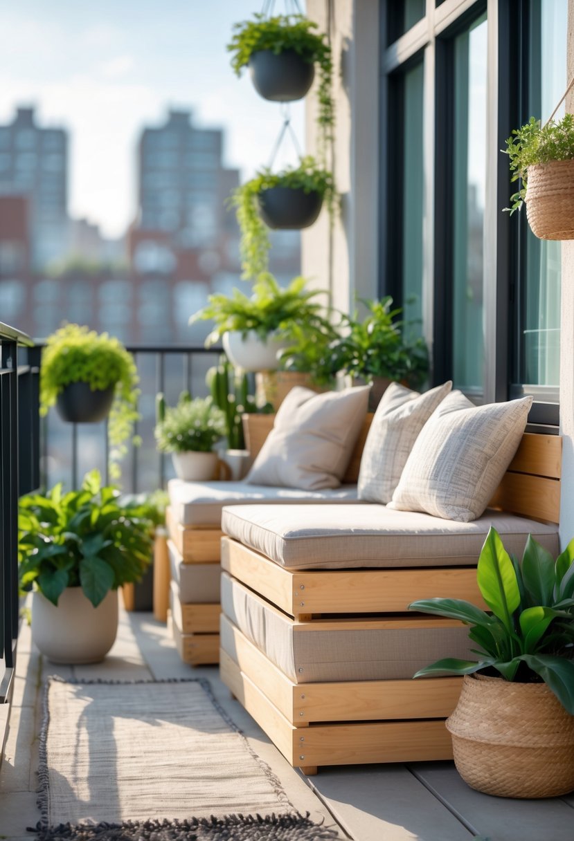 10 DIY Balcony Decor Projects for Renters That Transform Small Spaces Effortlessly 9 A balcony with stackable wooden storage benches, green plants, and cozy cushions overlooking a cityscape.