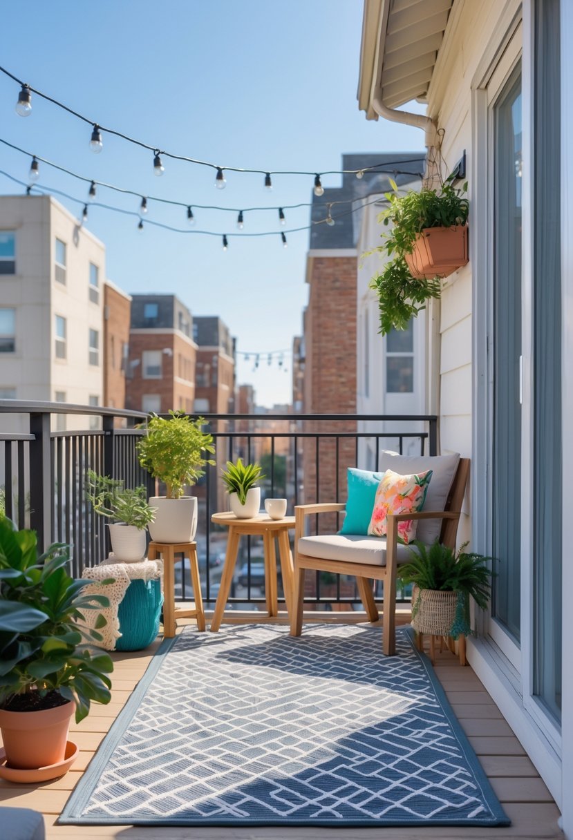 10 DIY Balcony Decor Projects for Renters That Transform Small Spaces Effortlessly 10 Small balcony with an outdoor rug, seating, potted plants, and decorative string lights in daylight.