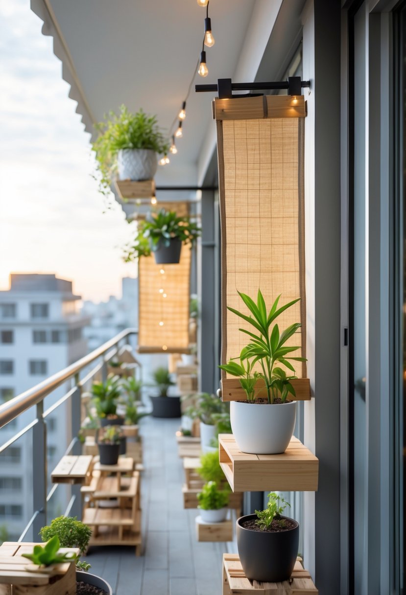 10 DIY Balcony Decor Projects for Renters That Transform Small Spaces Effortlessly 11 Apartment balcony with clip-on privacy screens, plants, and decorative items creating a cozy outdoor space.