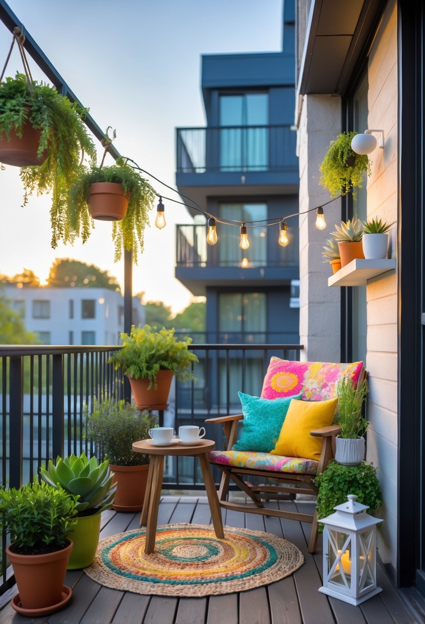 10 DIY Balcony Decor Projects for Renters That Transform Small Spaces Effortlessly 13 A small balcony decorated with plants, string lights, cozy seating, and a small table with coffee and a book.