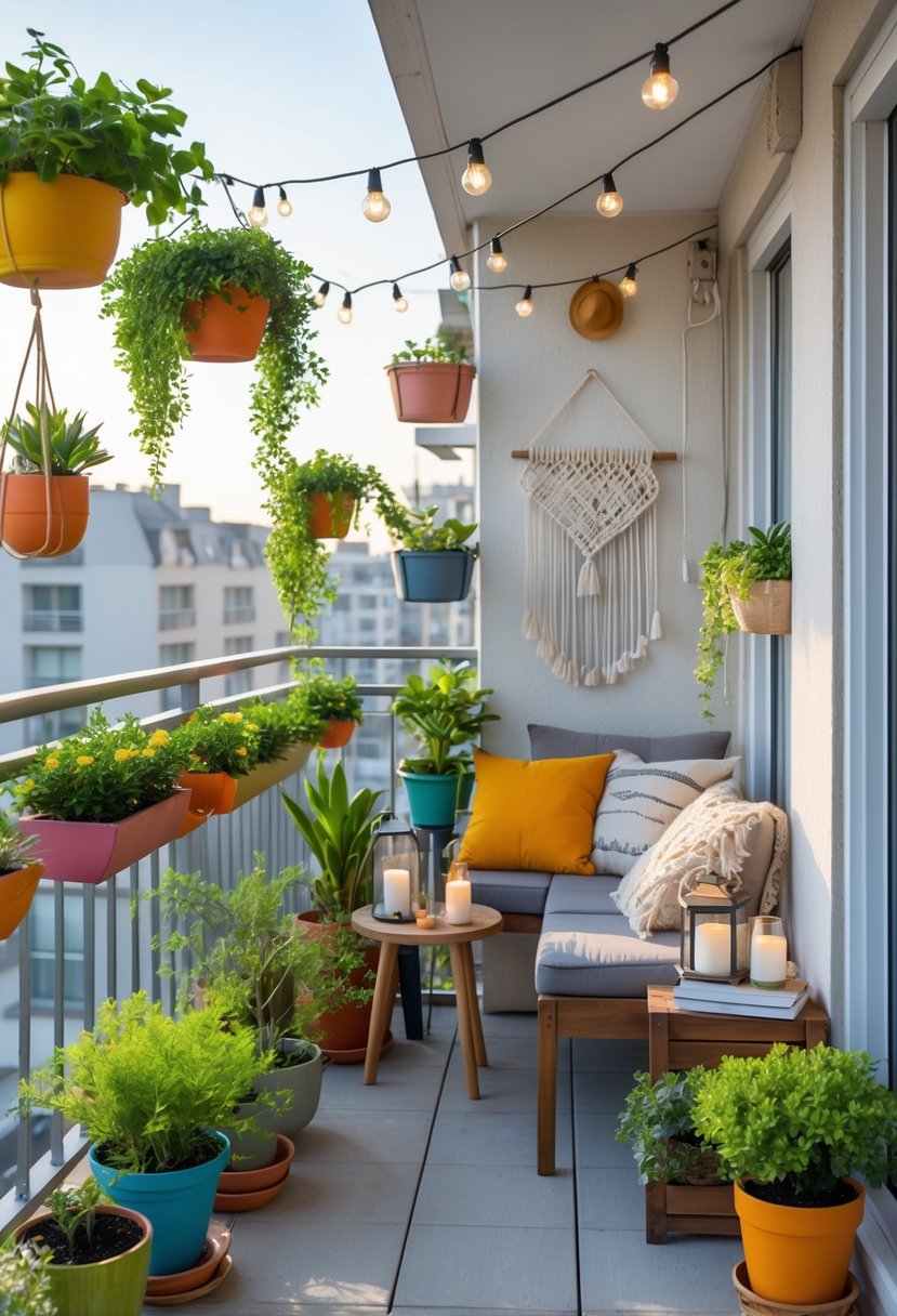 10 DIY Balcony Decor Projects for Renters That Transform Small Spaces Effortlessly 14 A small balcony decorated with potted plants, hanging planters, comfortable seating, string lights, and decorative items creating a cozy outdoor space.