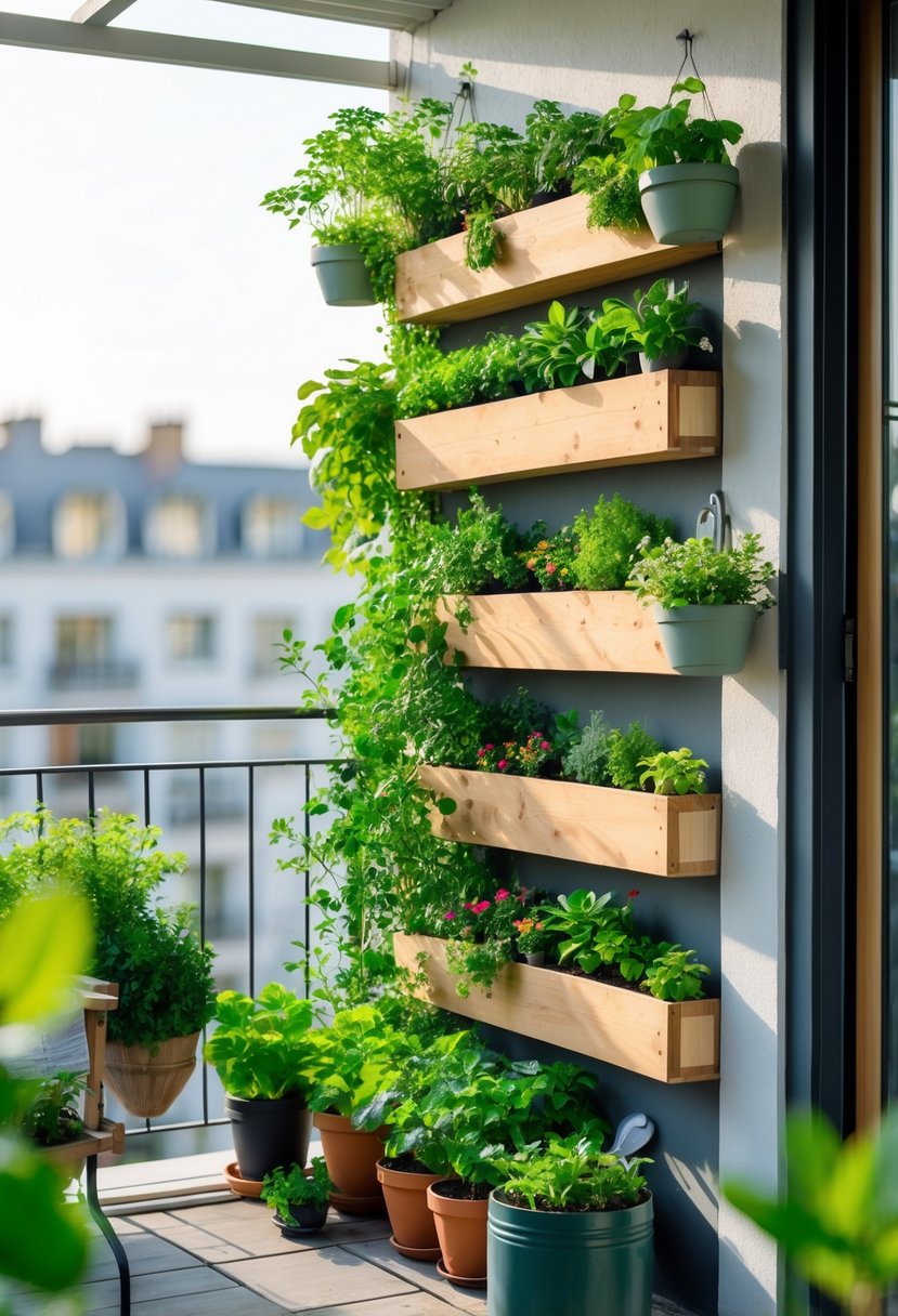 DIY Vertical Garden for Small Balconies – The Secret to Maximizing Space! 2 Small balcony with a vertical garden of various green plants in wooden planters and hanging pots.