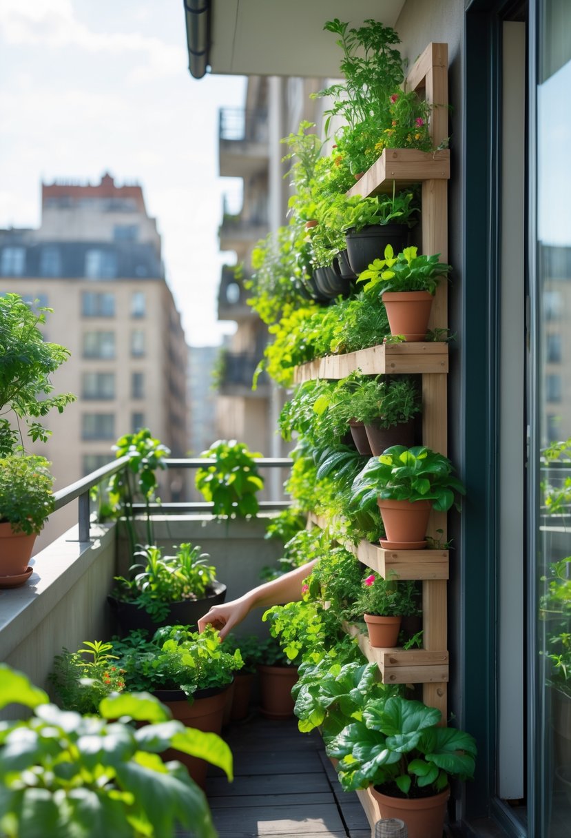 DIY Vertical Garden for Small Balconies – The Secret to Maximizing Space! 3 A small balcony with a vertical garden of various green plants growing on a wall-mounted frame, with hands tending to the plants.