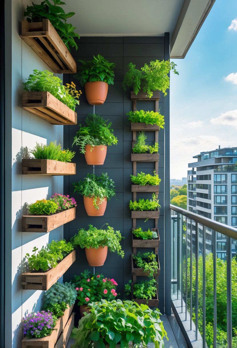 DIY Vertical Garden for Small Balconies – The Secret to Maximizing Space! 4 A small balcony with multiple vertical garden structures holding green plants, flowers, and herbs in a compact urban setting.