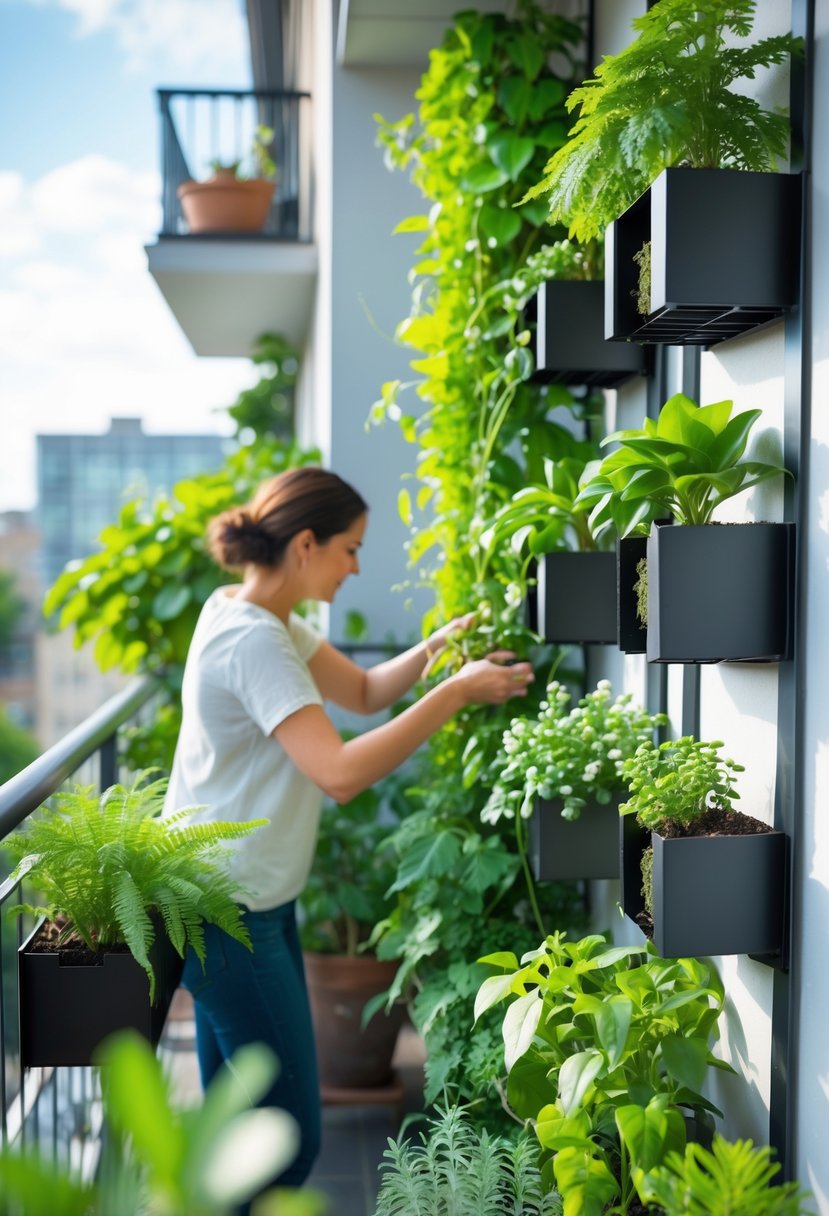 DIY Vertical Garden for Small Balconies – The Secret to Maximizing Space! 5 Small balcony with a vertical garden of various green plants arranged on wall-mounted planters, with hands placing a plant.