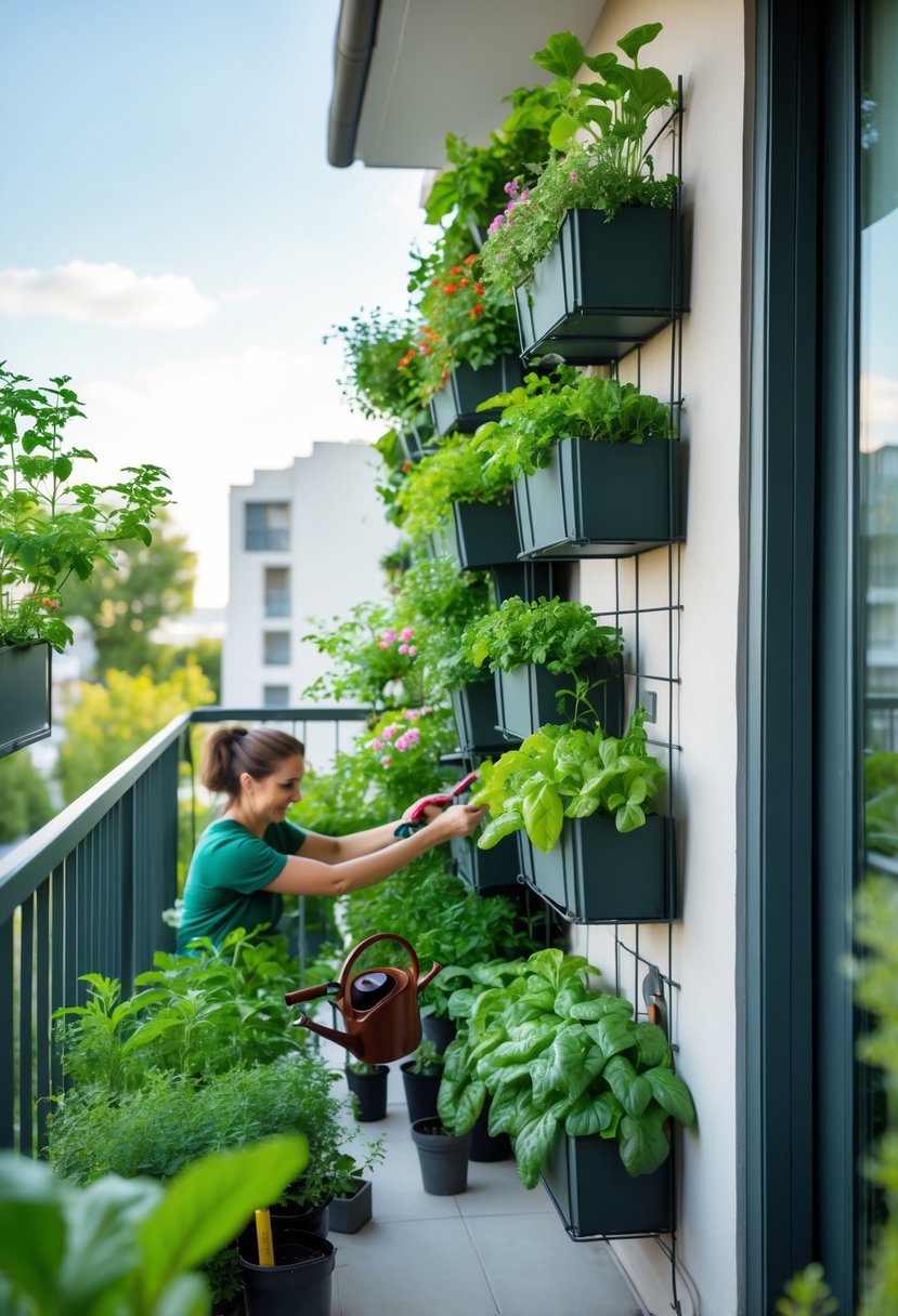 DIY Vertical Garden for Small Balconies – The Secret to Maximizing Space! 6 A small balcony with a lush vertical garden and hands tending to the plants using gardening tools.