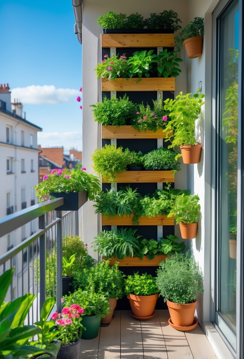 DIY Vertical Garden for Small Balconies – The Secret to Maximizing Space! 7 A small balcony with a vertical garden of green plants and colorful flowers in wooden planters and hanging pots, bathed in sunlight.