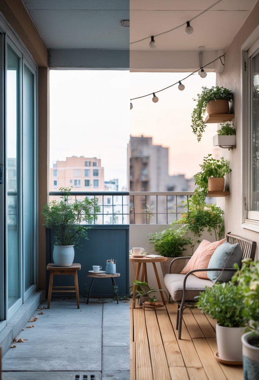 Side-by-side view of a small balcony before and after a makeover, showing a cluttered, bare space transformed into a cozy, decorated outdoor area with plants and seating.