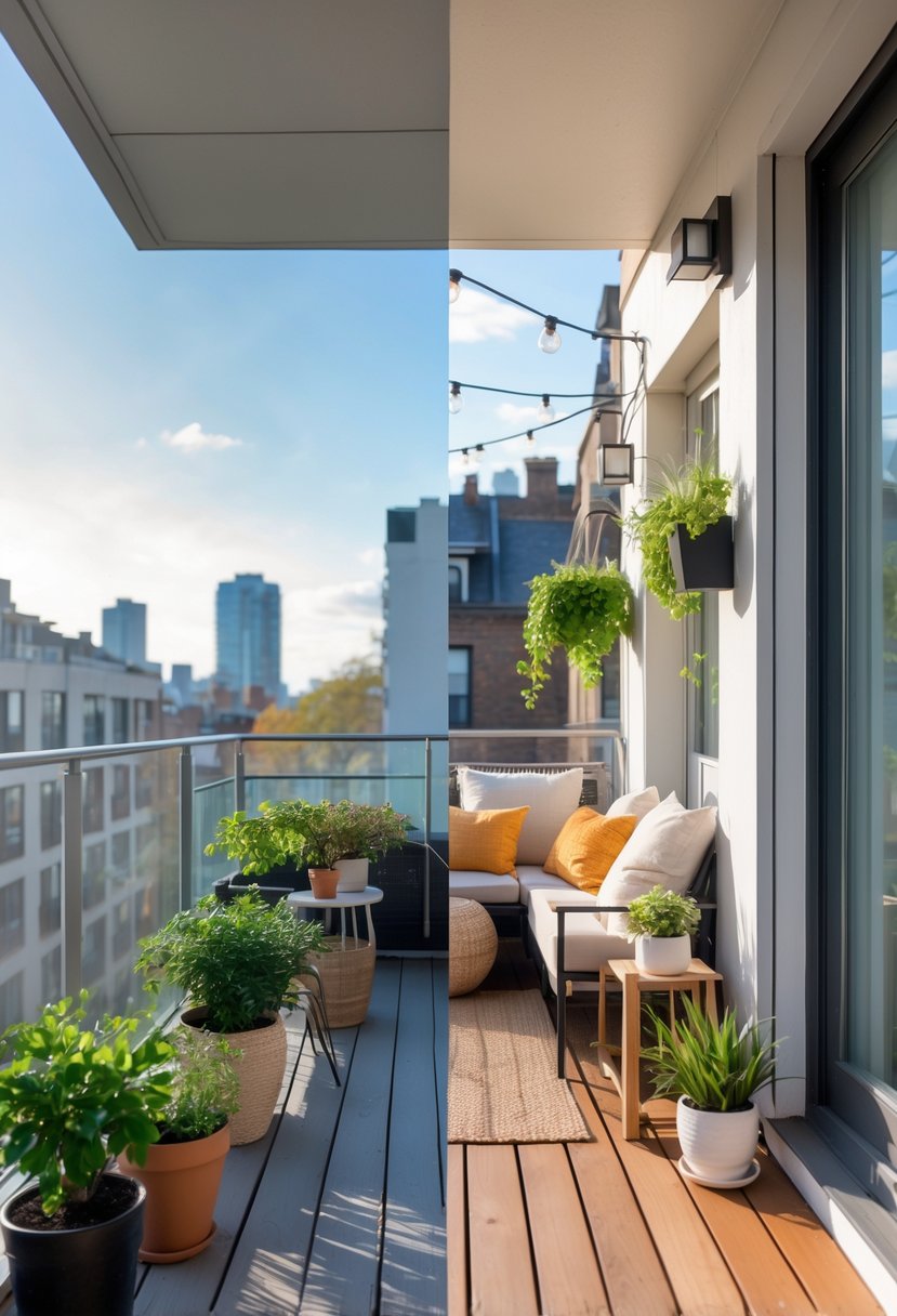 A small urban balcony shown before and after a makeover, with the after side featuring plants, outdoor seating, and decorative lighting.
