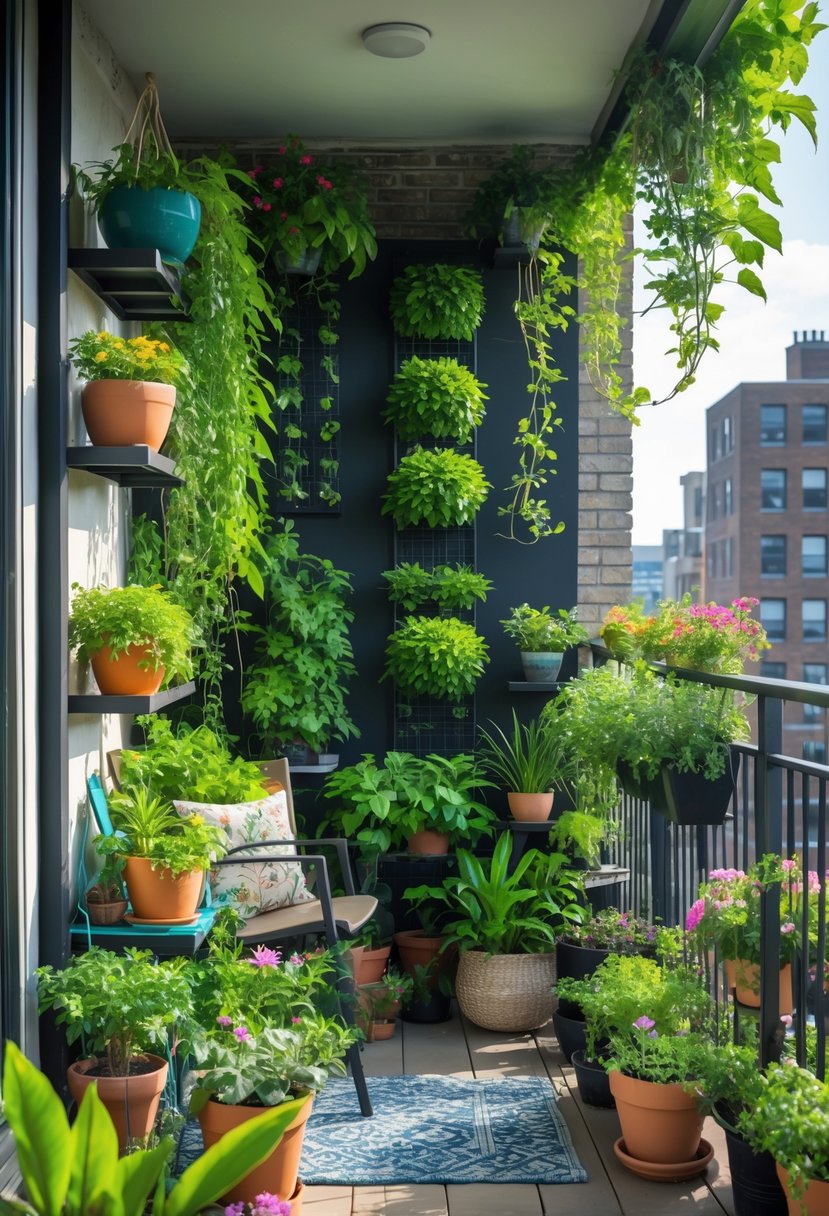 A balcony in a city setting with one side sparsely decorated and the other side fully transformed with many green plants, vertical gardens, and flowers.