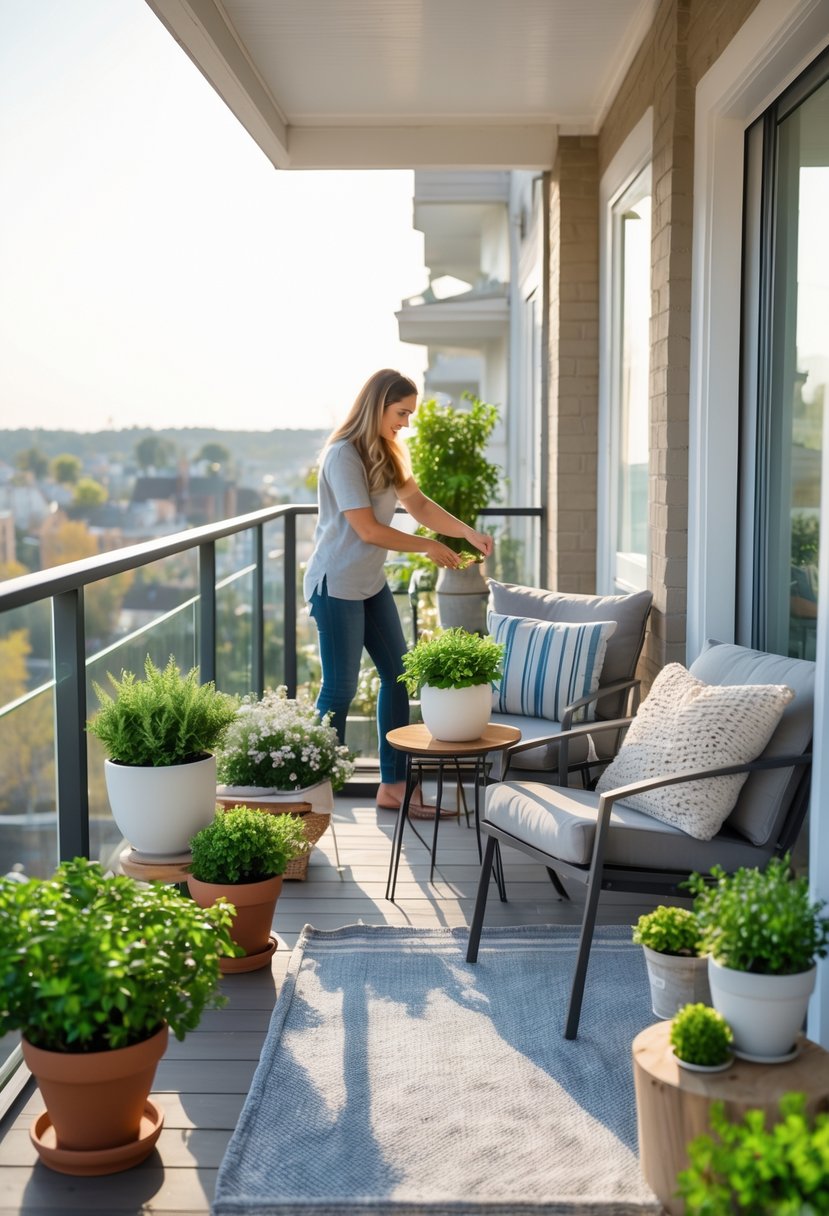 A person placing a potted plant on a freshly decorated balcony with outdoor furniture and plants, overlooking a cityscape.