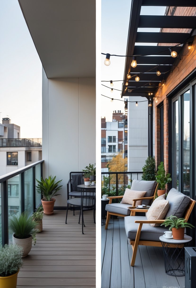 A side-by-side view of a balcony before and after a makeover, showing a plain balcony transformed into a stylish outdoor space with seating, plants, and decorative lighting.