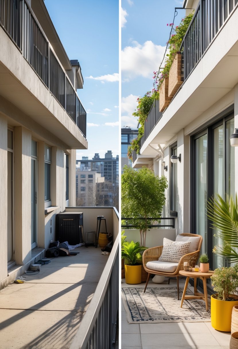 Side-by-side view of an apartment balcony before and after a makeover, showing a plain balcony transformed into a decorated outdoor living space with furniture and plants.
