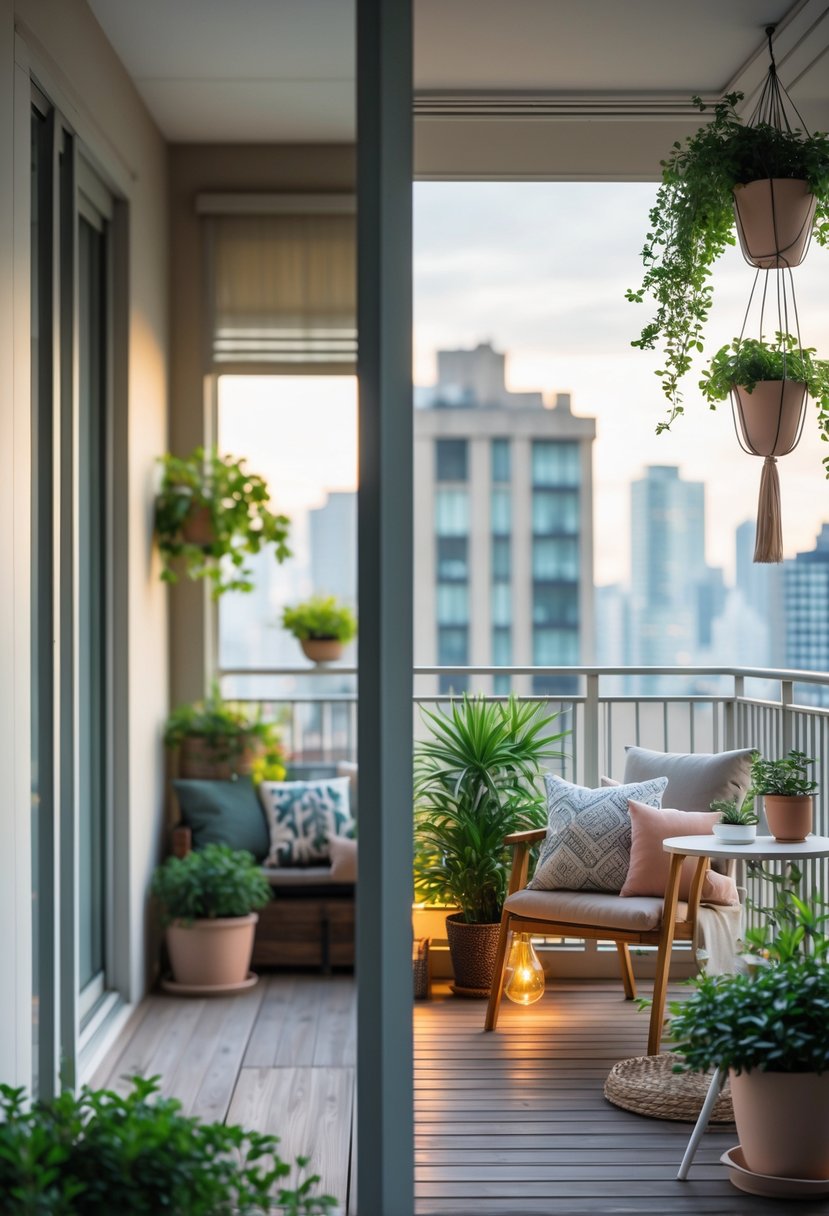 Side by side comparison of an apartment balcony before and after a makeover, showing a plain balcony transformed into a cozy, green, and stylish outdoor space.