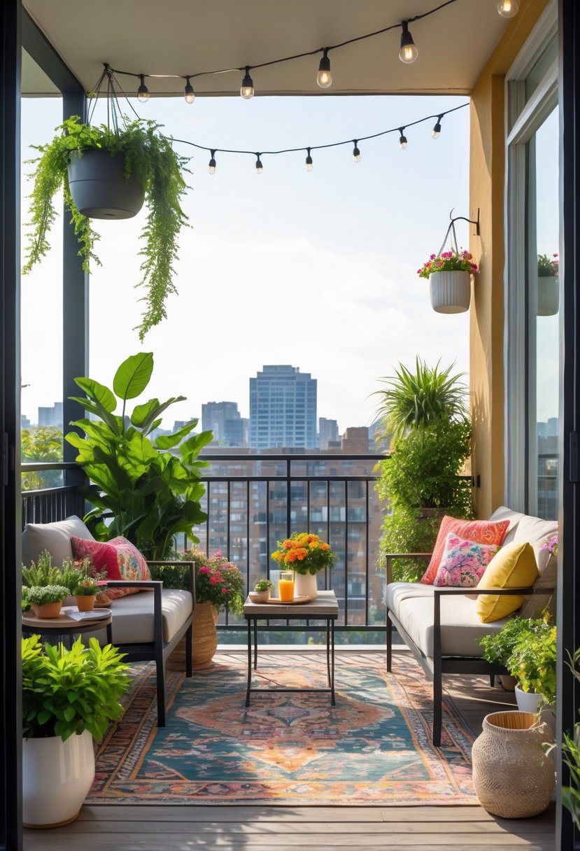 A balcony transformed into a cozy outdoor space with plants, seating, and decorative items overlooking a city view.