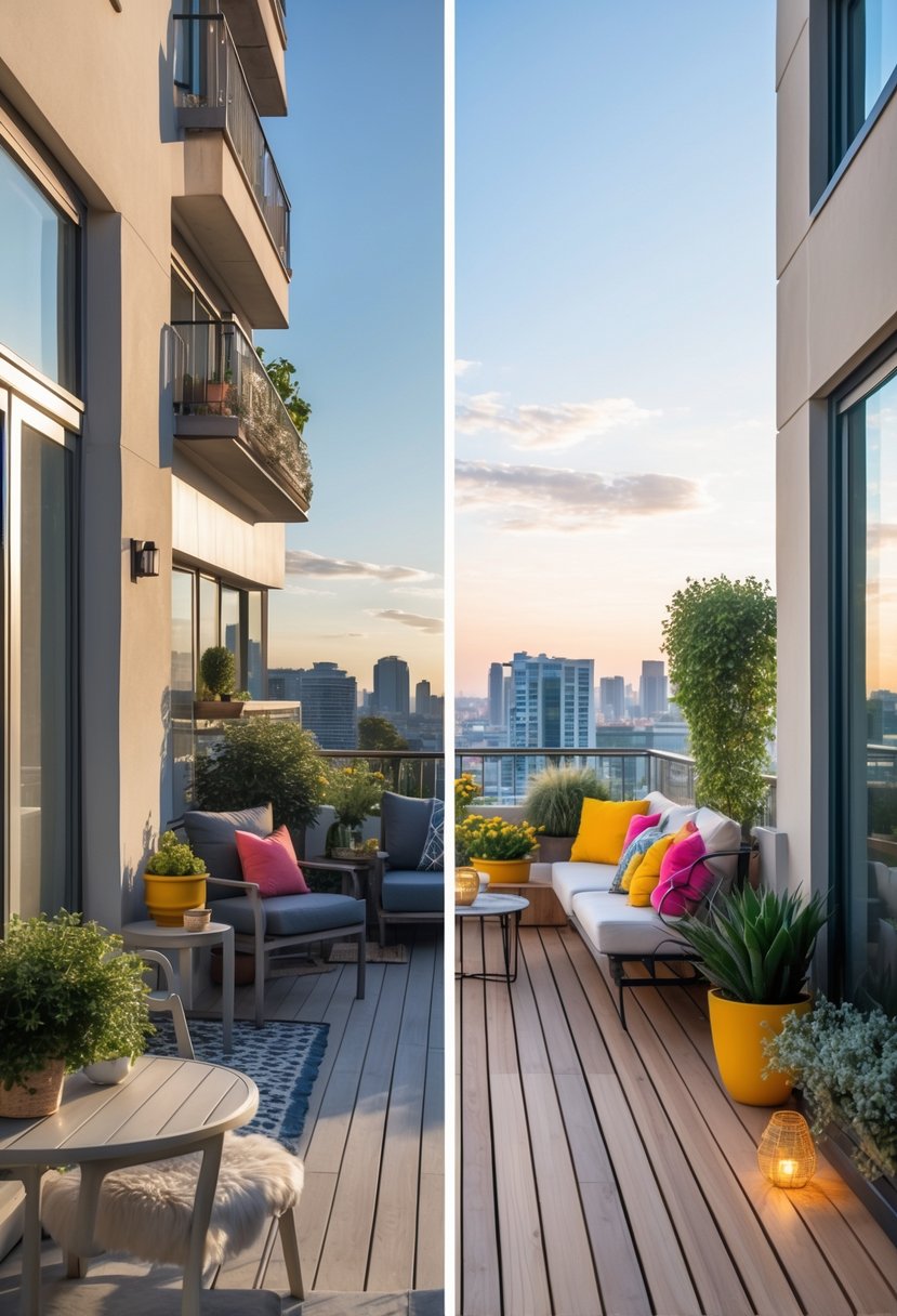 Side-by-side view of an apartment balcony before and after a makeover, showing a cluttered space transformed into a clean, modern outdoor area with furniture and plants.