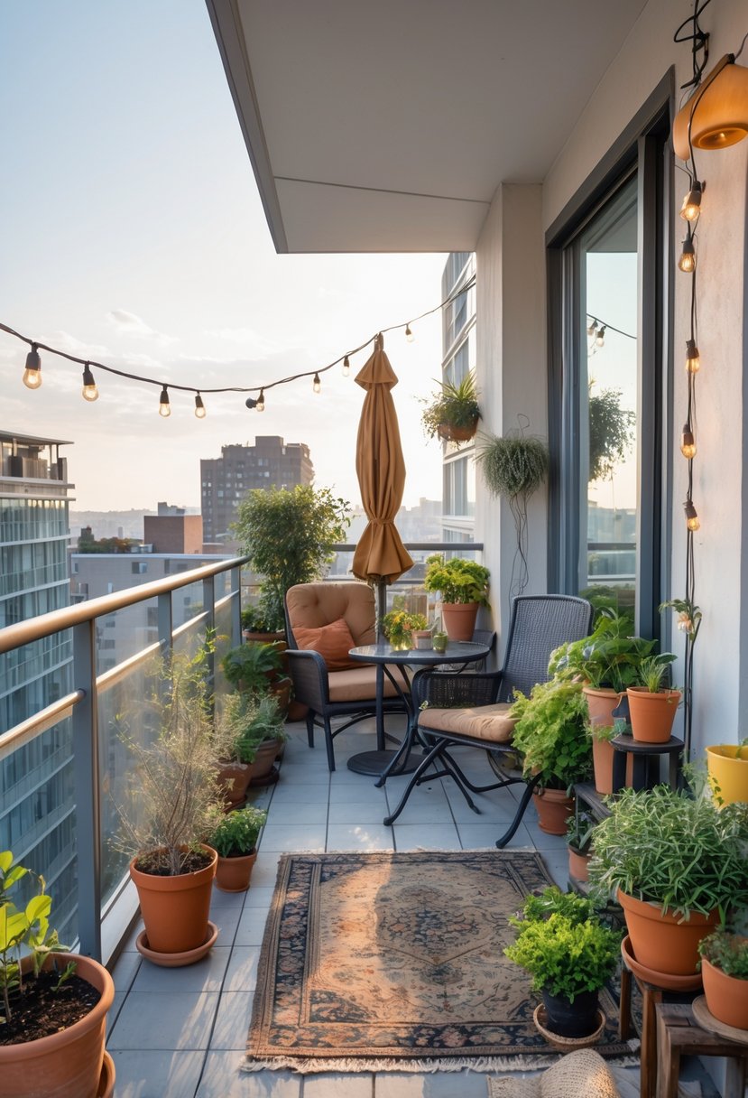 10 Balcony Decor Mistakes to Avoid: Essential Tips for a Stylish Outdoor Space 2 A small balcony cluttered with mismatched furniture, overgrown plants, tangled string lights, and various decor items blocking the space.