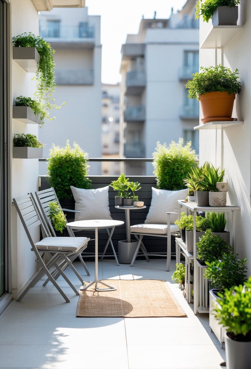 10 Balcony Decor Mistakes to Avoid: Essential Tips for a Stylish Outdoor Space 3 A neatly arranged balcony with compact furniture, plants, and smart storage solutions maximizing the outdoor space.