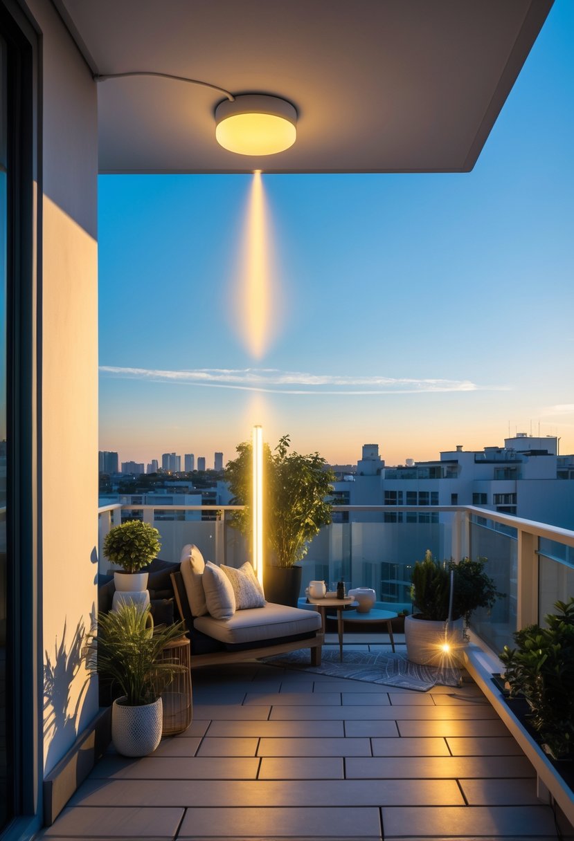 10 Balcony Decor Mistakes to Avoid: Essential Tips for a Stylish Outdoor Space 4 A small balcony with seating and plants showing uneven lighting, with bright sunlight and harsh shadows creating poor illumination.