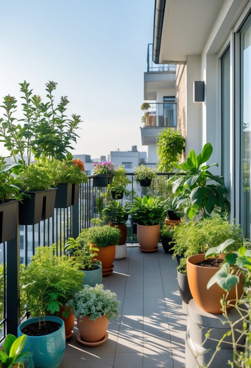 10 Balcony Decor Mistakes to Avoid: Essential Tips for a Stylish Outdoor Space 5 A balcony with various plants showing common placement mistakes such as overcrowding, uneven spacing, and poor sunlight exposure.