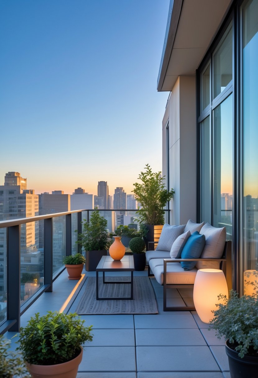 10 Balcony Decor Mistakes to Avoid: Essential Tips for a Stylish Outdoor Space 6 A modern balcony overlooking a city with comfortable seating, potted plants, and a small table.