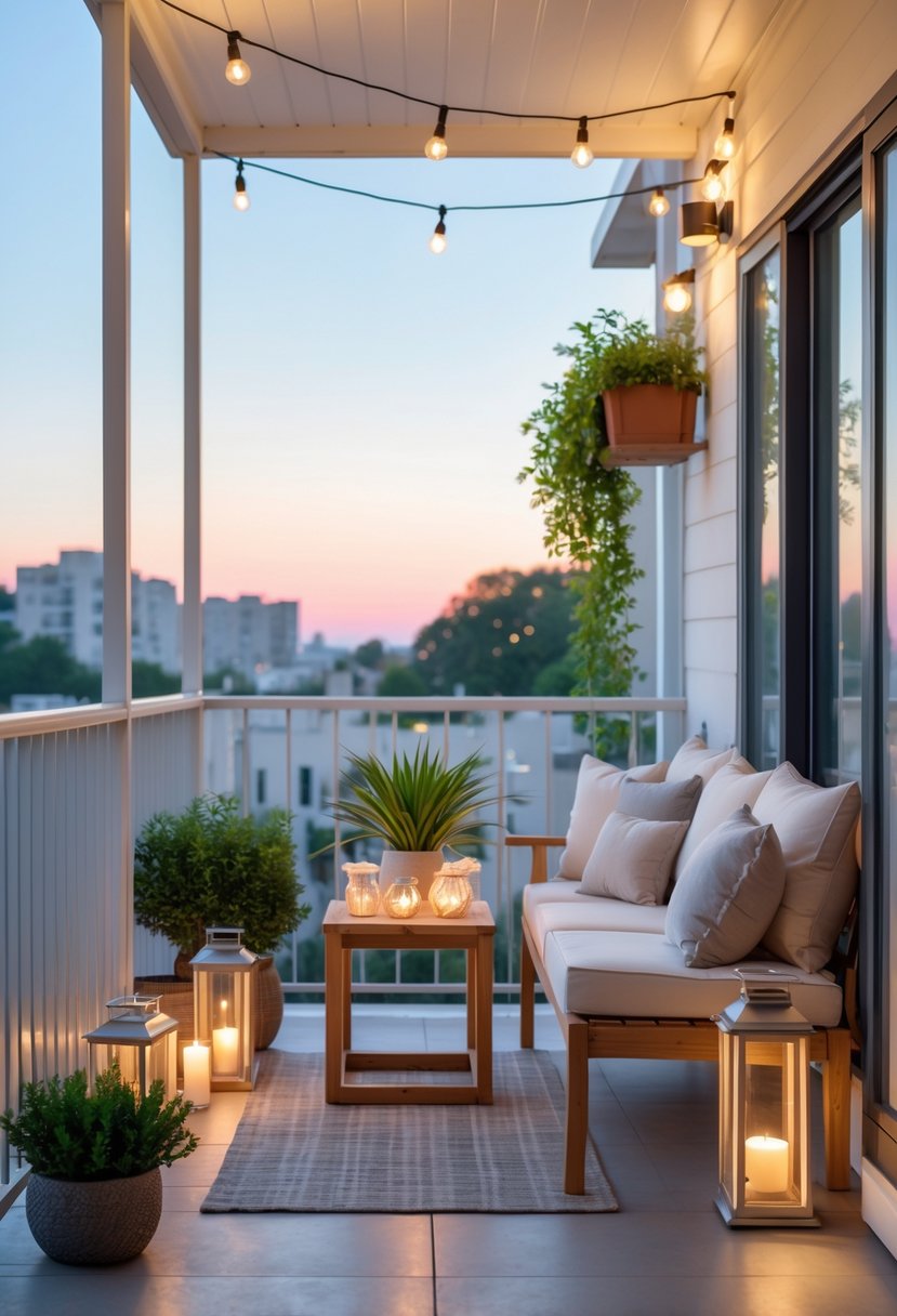 10 Balcony Decor Mistakes to Avoid: Essential Tips for a Stylish Outdoor Space 7 A clean and cozy balcony with comfortable seating, plants, and soft lighting overlooking a cityscape.