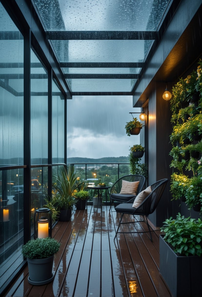 A balcony with a glass roof protecting outdoor furniture and plants from rain, overlooking a cityscape under cloudy skies.