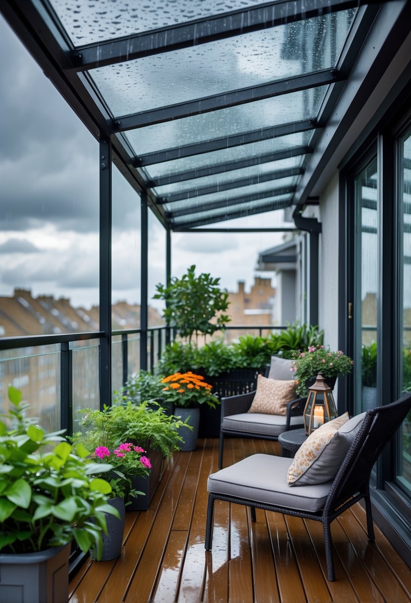 A modern balcony with a glass roof protecting outdoor furniture and plants from rain, showing a dry and inviting space during wet weather.