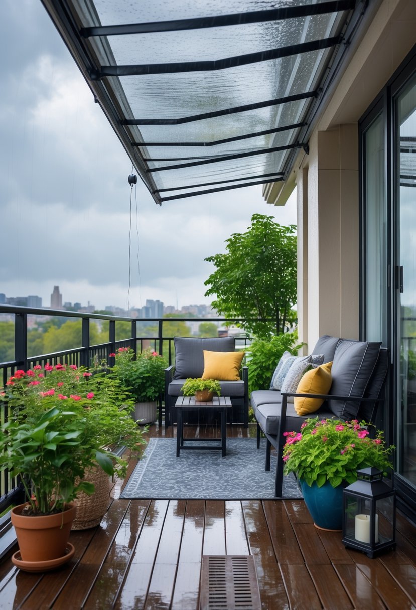 A balcony with rain protection features including a canopy, outdoor furniture, and plants, overlooking a city or garden under an overcast sky.