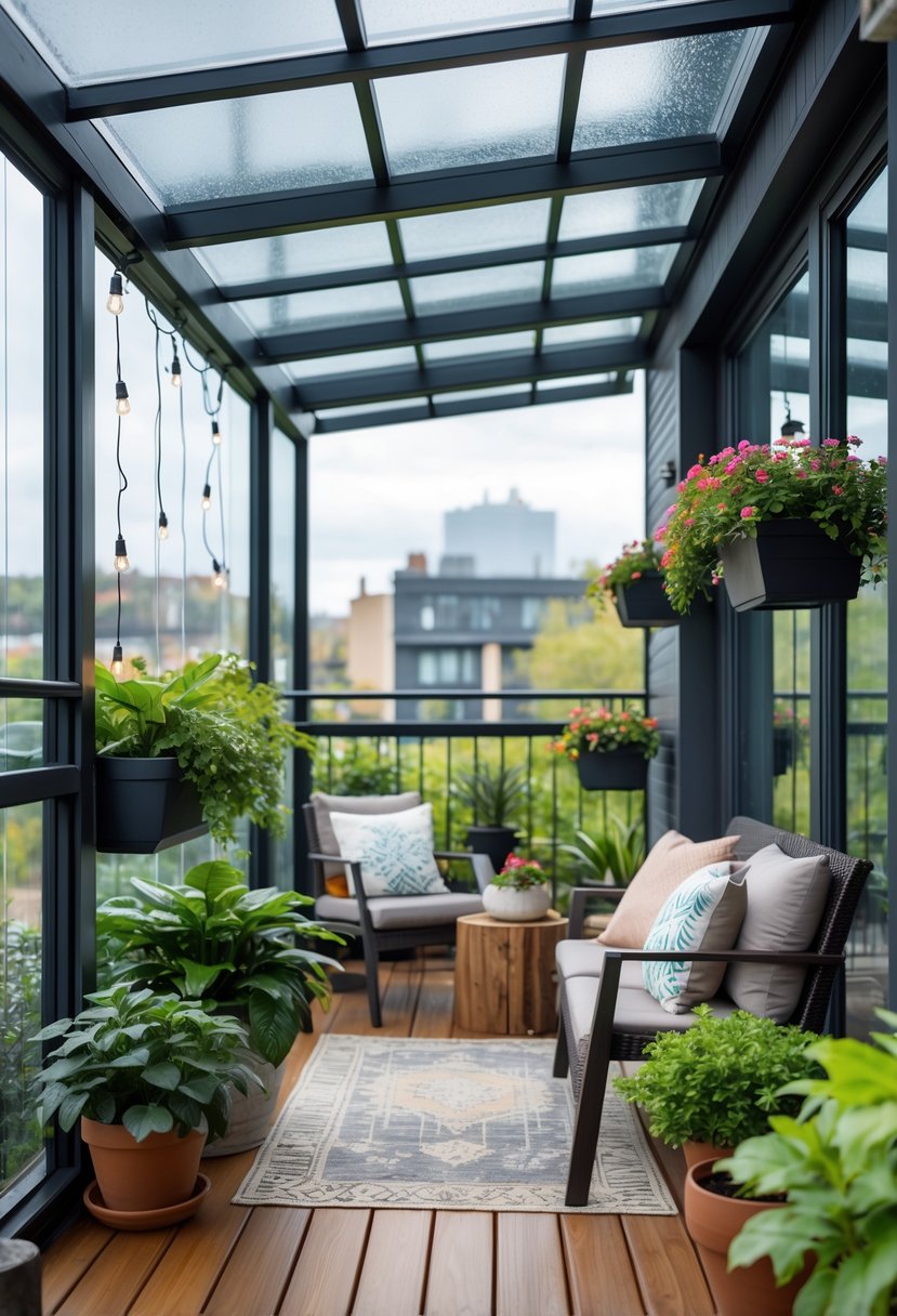 A rain-protected balcony with a clear roof, outdoor furniture, potted plants, and decorative lighting.