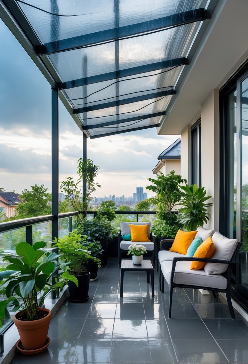 A balcony with a transparent rain cover, decorated with plants and outdoor furniture.