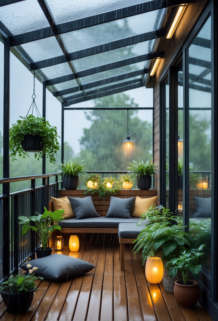 A rain-protected balcony with a transparent roof, wooden floor, cozy seating, green plants, and soft lighting during a gentle rain.