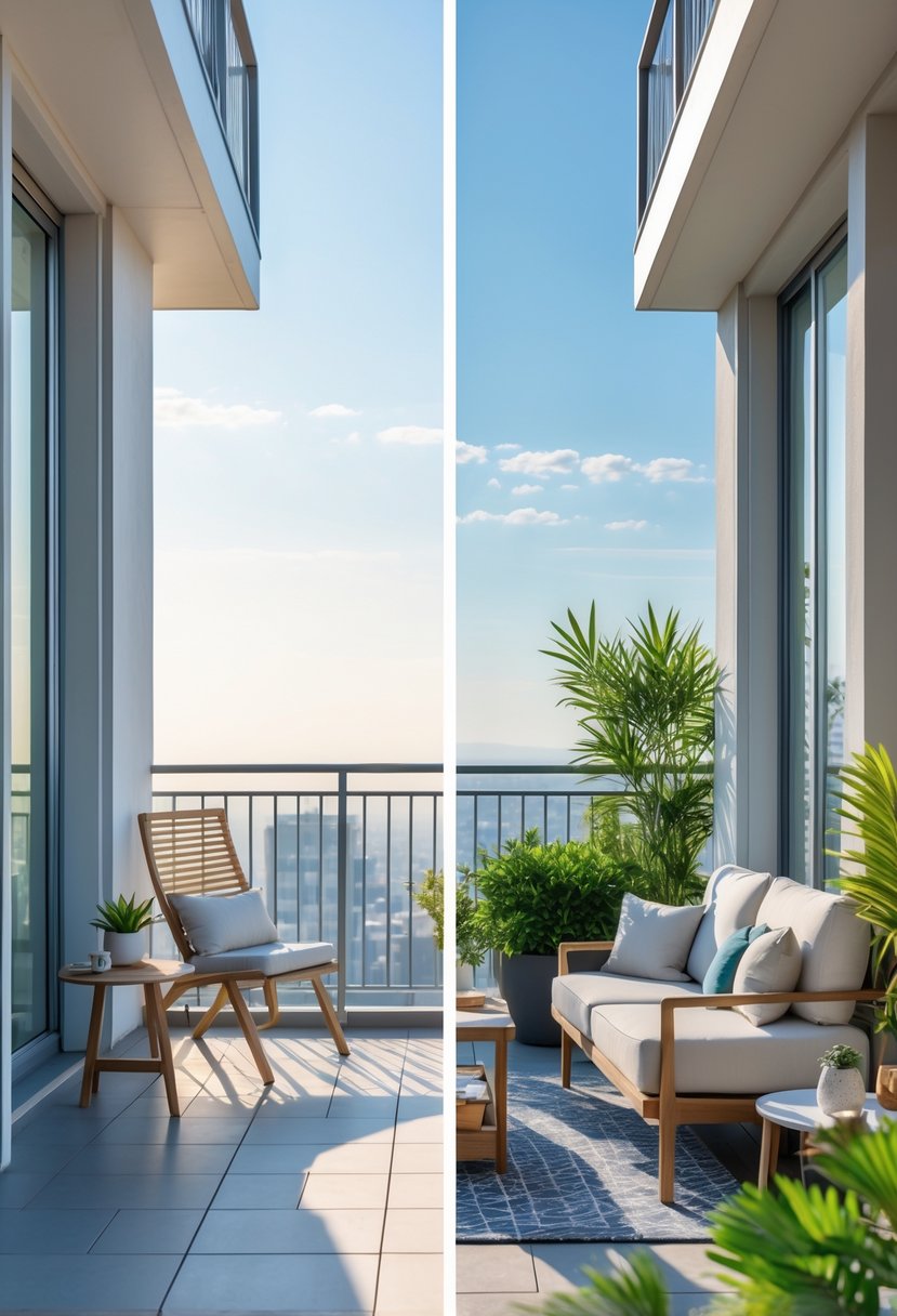 Two balconies side by side, one small with a chair and plant, the other large with lounge furniture and plants, overlooking a city view.