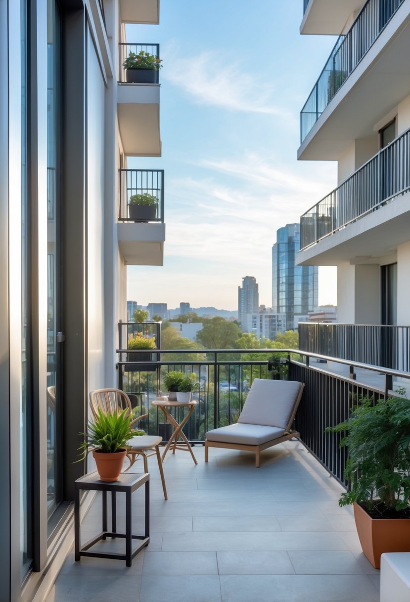 Side-by-side view of a small balcony with a chair and plant next to a large balcony with lounge furniture and plants on a sunny day.