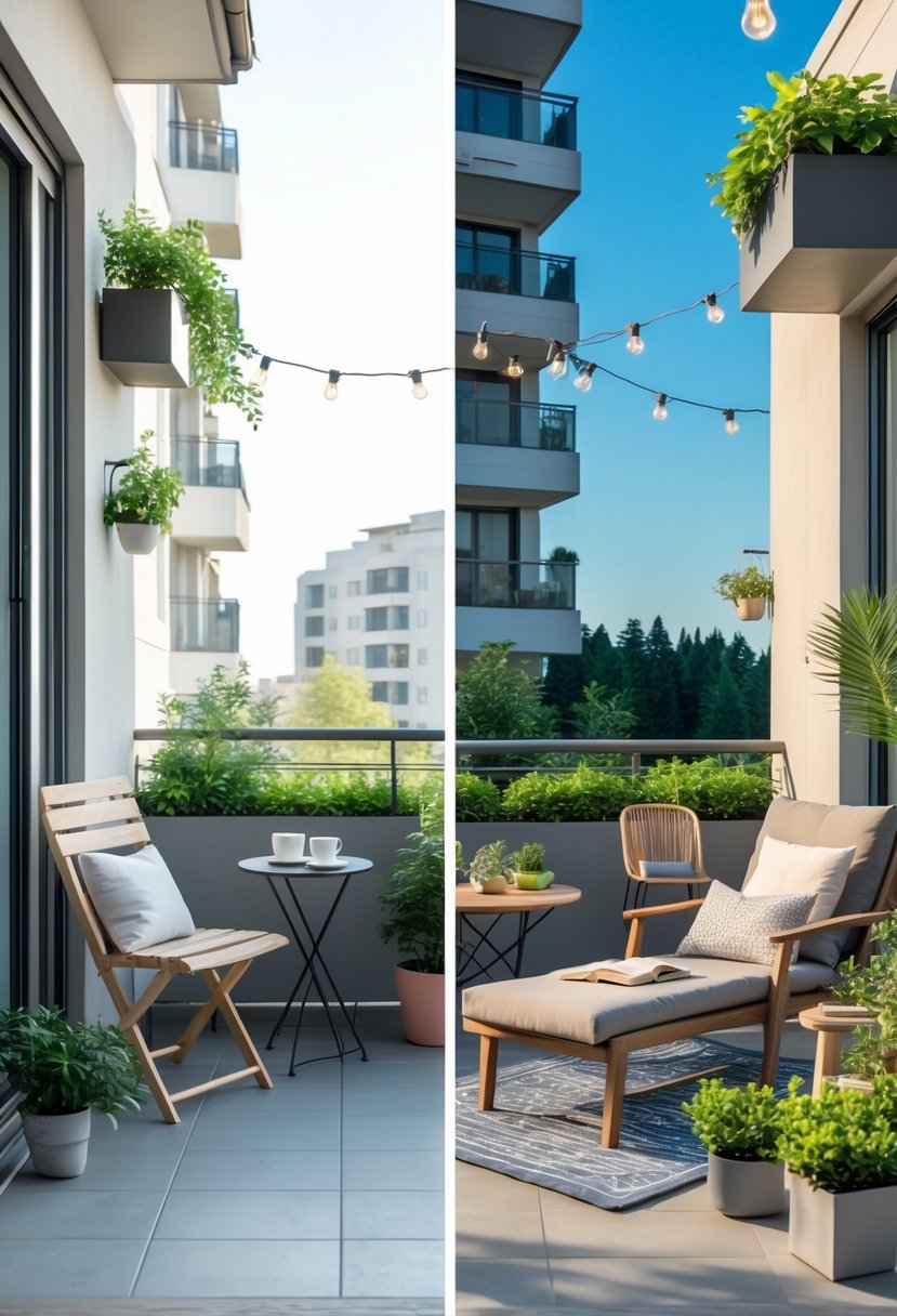 Split view of two balconies, one small with a chair and plants, and one large with lounge furniture and greenery.