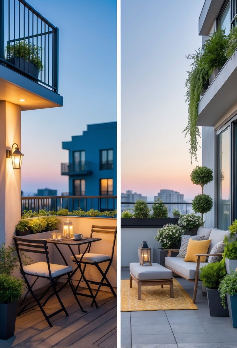 Side-by-side view of a small balcony with compact seating and plants, and a large balcony with spacious outdoor furniture and greenery.